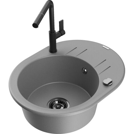 Mexen Kevin 1 Becken-Granitspüle mit Abtropffläche und Mischbatterie Flora, Grau - 6517-71-670401-70