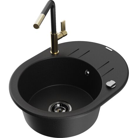 Mexen Kevin 1 Becken-Granitspüle mit Abtropffläche und Mischbatterie Flora, Schwarz - 6517-77-670401