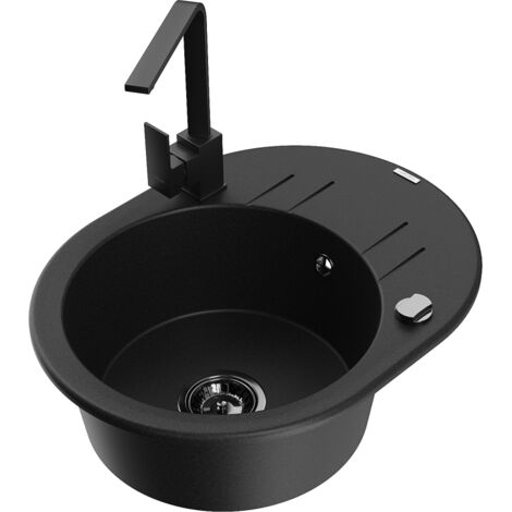 Mexen Kevin 1 Becken-Granitspüle mit Abtropffläche und Mischbatterie Rita, Schwarz - 6517-77-670300-70-B