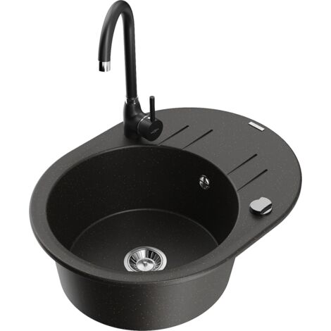 Mexen Kevin 1 Becken-Granitspüle mit Abtropffläche und Mischbatterie Telma, Schwarz/Gold metallisch - 6517-75-670200-70
