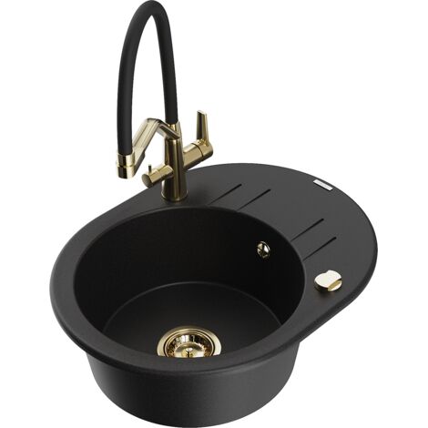 Mexen Kevin 1-Becken-Granitspüle mit Mischbatterie Duo, Schwarz - 6517-77-671701-57-G