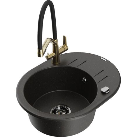 Mexen Kevin 1-Becken-Granitspüle mit Mischbatterie Duo, Schwarz/Gold metallisch - 6517-75-671701-57-