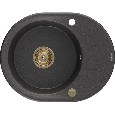 Mexen Kevin fregadero de granito de 1 cubeta con escurridor 586 x 458 mm, negro moteado, sif贸n dorado - 6517581005-76-G