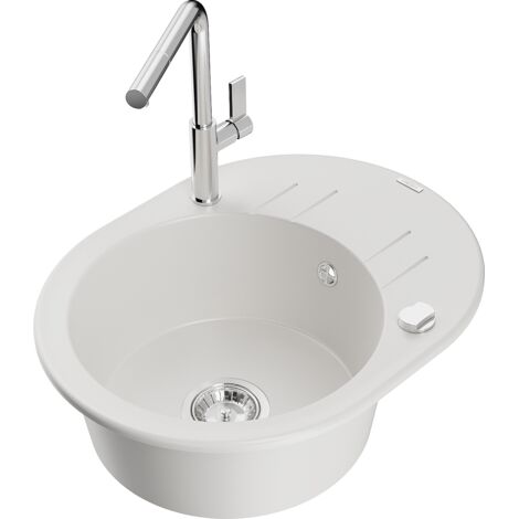 Mexen Kevin fregadero de granito de 1 cubeta con escurridor y grifo de cocina Flora, blanco - 6517-20-670401-00