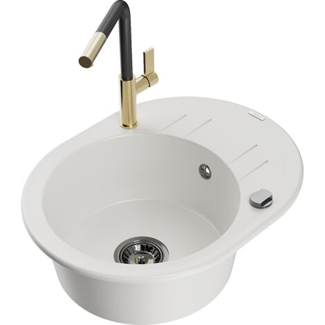 Mexen Kevin fregadero de granito de 1 cuenco con escurridor y grifo de cocina Flora, blanco - 6517-20-670401-57-B