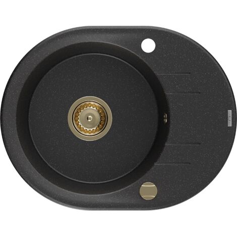 Mexen Kevin fregadero de granito de 1 seno con escurridor 586 x 458 mm, negro/plateado met谩lico, sif贸n dorado - 6517581005-73-G