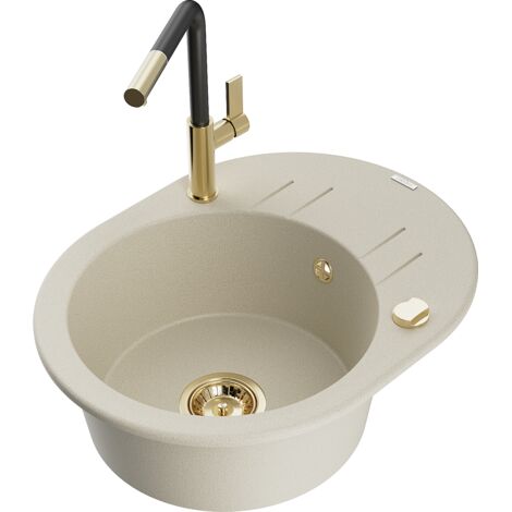 Mexen Kevin fregadero de granito de 1 seno con escurridor y grifo de cocina Flora, beige - 6517-69-670401-57-G