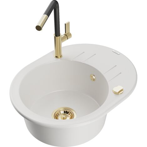 Mexen Kevin fregadero de granito de 1 seno con escurridor y grifo de cocina Flora, blanco - 6517-20-670401-57-G