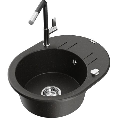 Mexen Kevin fregadero de granito de 1 seno con escurridor y grifo de cocina Flora, negro/dorado met谩lico - 6517-75-670401-07