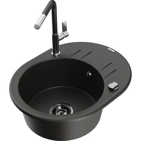 Mexen Kevin fregadero de granito de 1 seno con escurridor y grifo de cocina Flora, negro/oro met谩lico - 6517-75-670401-07-B