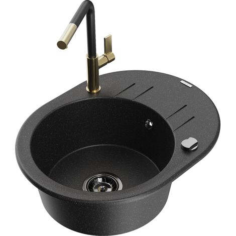Mexen Kevin fregadero de granito de 1 seno con escurridor y grifo de cocina Flora, negro/plateado met谩lico