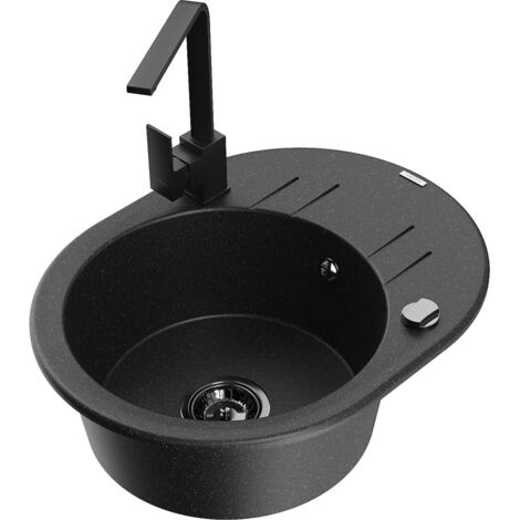Mexen Kevin fregadero de granito de 1 seno con escurridor y grifo de cocina Rita, met谩lico negro/plata - 6517-73-670300-70-B