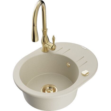 Mexen Kevin fregadero de granito de 1 seno con escurridor y grifo de cocina Savita, beige - 6517-69-672601-50