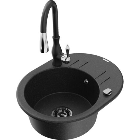 Mexen Kevin fregadero de granito de 1 seno con escurridor y grifo de cocina Savita, negro/plateado - 6517-73-672601-70-B