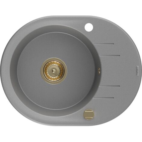 Mexen Kevin lavello in granito 1-bacino con gocciolatoio 586 x 458 mm, grigio, sifone dorato - 6517581005-71-G
