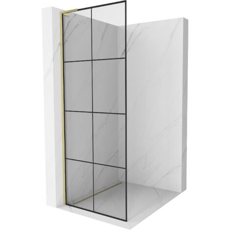 Mexen Kioto L panel de ducha Walk-in 90 x 200 cm, cuadr铆cula negra, dorado cepillado - 800-090-103-55-77