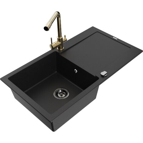 Mexen Leo 1 Becken-Granitspüle mit Abtropffläche und Mischbatterie Duero, Schwarz - 6501-77-671600-5