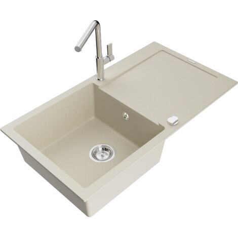 Mexen Leo 1 Becken-Granitspüle mit Abtropffläche und Mischbatterie Flora, Beige - 6501-69-670401-00