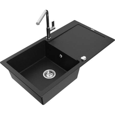 Mexen Leo 1 Becken-Granitspüle mit Abtropffläche und Mischbatterie Flora, Schwarz - 6501-77-670401-0