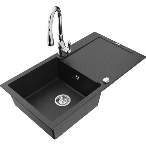 Mexen Leo 1 Becken-Granitspüle mit Abtropffläche und Mischbatterie Savita, Schwarz/Silbermetallic -