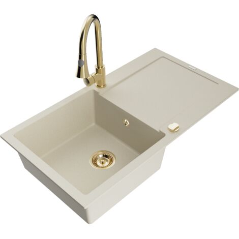 Mexen Leo évier en granit 1 bac avec égouttoir et robinet de cuisine Elia, beige - 6501-69-670101-50