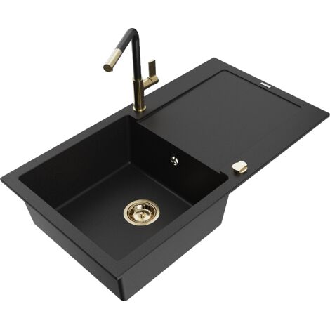 Mexen Leo fregadero de granito 1-cubeta con escurridor y grifo de cocina Flora, negro - 6501-77-670401-57-G