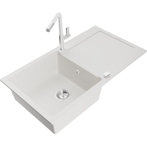 Mexen Leo fregadero de granito de 1 compartimento con escurridor y grifo de cocina Flora, blanco - 6501-20-670401-02