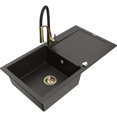 Mexen Leo fregadero de granito de 1 cubeta con escurridor y grifo de cocina Aster, negro/dorado met谩lico - 6501-75-73450-57-G