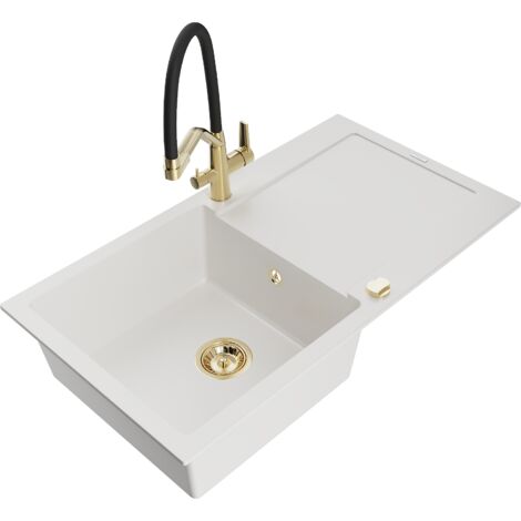 Mexen Leo fregadero de granito de 1 cubeta con escurridor y grifo de cocina Duo, blanco - 6501-20-671701-57-G