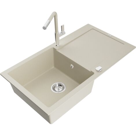 Mexen Leo fregadero de granito de 1 cubeta con escurridor y grifo de cocina Flora, beige - 6501-69-670401-09