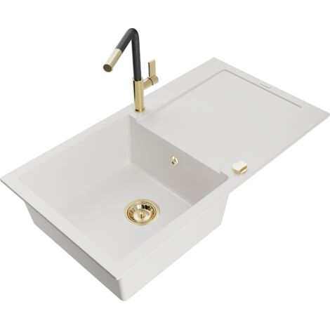Mexen Leo fregadero de granito de 1 cubeta con escurridor y grifo de cocina Flora, blanco - 6501-20-670401-57-G