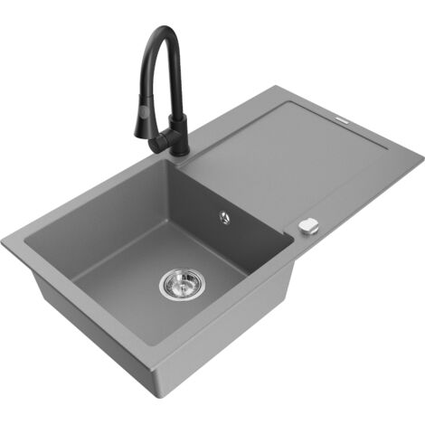 Mexen Leo fregadero de granito de 1 cuenco con escurridor y grifo de cocina Elia, gris - 6501-71-670101-70