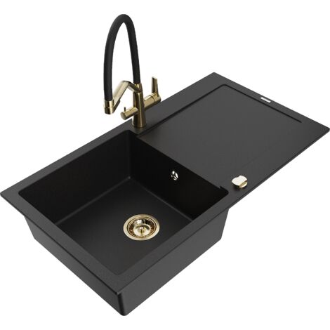 Mexen Leo fregadero de granito de 1 seno con escurridor y grifo de cocina Duo, negro - 6501-77-671701-57-G