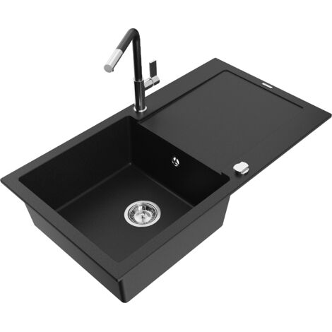 Mexen Leo fregadero de granito de 1 seno con escurridor y grifo de cocina Flora, negro - 6501-77-670401-07