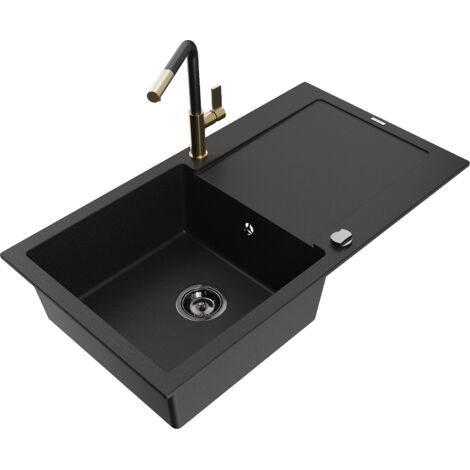 Mexen Leo fregadero de granito de 1 seno con escurridor y grifo de cocina Flora, negro - 6501-77-670401-57-B