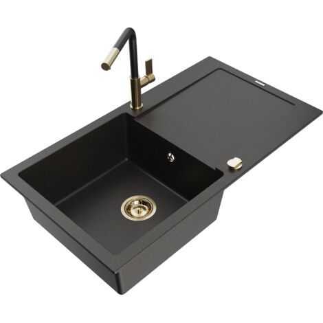 Mexen Leo fregadero de granito de 1 seno con escurridor y grifo de cocina Flora, negro/dorado met谩lico - 6501-75-670401-57-G