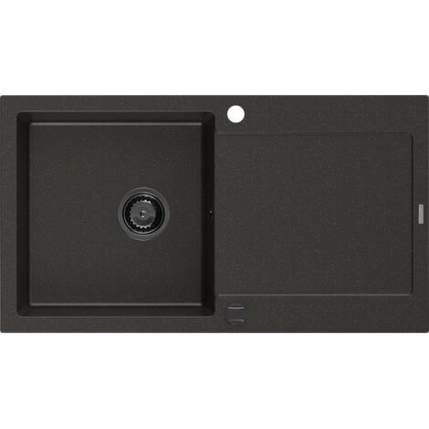 Mexen Leo fregadero de granito de 1 taz贸n con escurridor 900 x 500 mm, negro/oro met谩lico, sif贸n negro - 6501901010-75-B