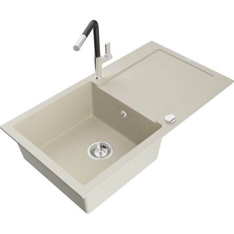 Mexen Leo lavello da cucina in granito 1-vasca con sgocciolatoio e miscelatore Flora, beige - 6501-69-670401-07
