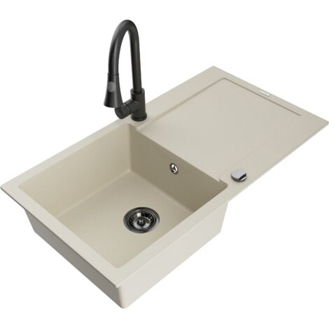 Mexen Leo lavello da cucina in granito a 1 vasca con scolapiatti e miscelatore da cucina Elia, beige - 6501-69-670101-70