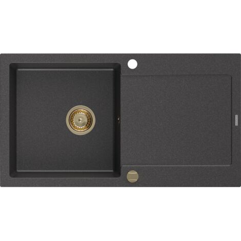 Mexen Leo lavello da cucina in granito singolo con scolapiatti 900 x 500 mm, nero puntinato, sifone dorato - 6501901010-76-G
