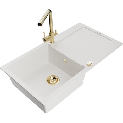 Mexen Leo lavello in granito 1-vasca con sgocciolatoio e rubinetto da cucina Duero, bianco - 6501-20-671600-50