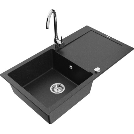 Mexen Leo lavello in granito 1 vasca con sgocciolatoio e rubinetto da cucina Telma, nero/argento metallizzato