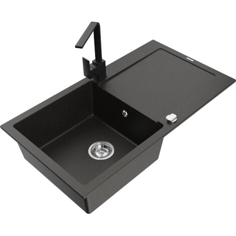 Mexen Leo lavello in granito a 1 vasca con gocciolatoio e rubinetto da cucina Rita, nero/oro metallizzato - 6501-75-670300-70