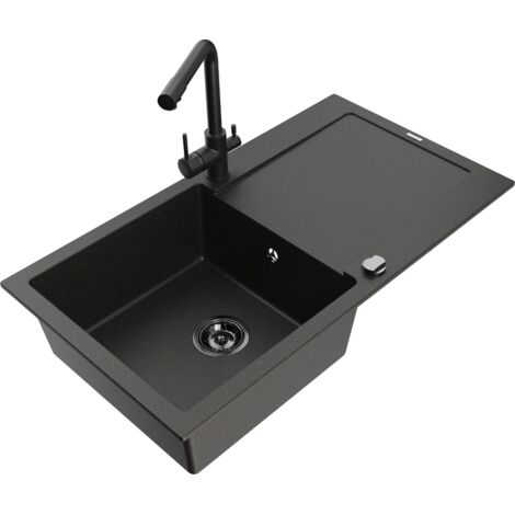 Mexen Leo lavello in granito a 1 vasca con scolapiatti e miscelatore cucina Duero, nero/oro metallizzato - 6501-75-671600-70-B
