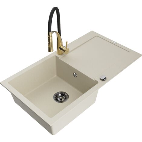 Mexen Leo lavello in granito a 1 vasca con scolapiatti e miscelatore da cucina Aster, beige - 6501-69-73450-57-B