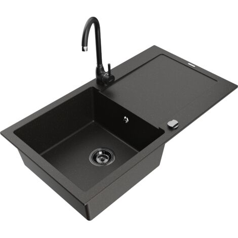 Mexen Leo lavello in granito a 1 vasca con scolapiatti e rubinetto cucina Telma, nero/oro metallizzato - 6501-75-670200-70-B