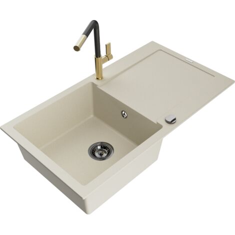 Mexen Leo lavello in granito a 1 vasca con scolapiatti e rubinetto da cucina Flora, beige - 6501-69-670401-57-B