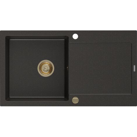 Mexen Leo lavello in granito a 1 vasca con sgocciolatoio 900 x 500 mm, nero/oro metallizzato, sifone oro - 6501901010-75-G