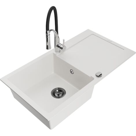 Mexen Leo lavello in granito a 1 vasca con sgocciolatoio e miscelatore cucina Aster, bianco - 6501-20-73450-07-B