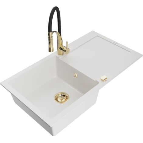 Mexen Leo lavello in granito con 1 vasca e scolapiatti e rubinetto da cucina Aster, bianco - 6501-20-73450-57-G